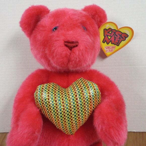 SUGAR LOAF‎ TOYS Fuchsia Pink Classic Teddy Bear Kiss Me Plush Plaid Heart 18" - Picture 4 of 14